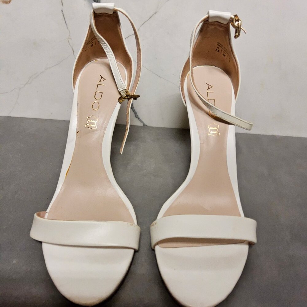 Aldo Size 7.5 white strap heels pre-owned  $12